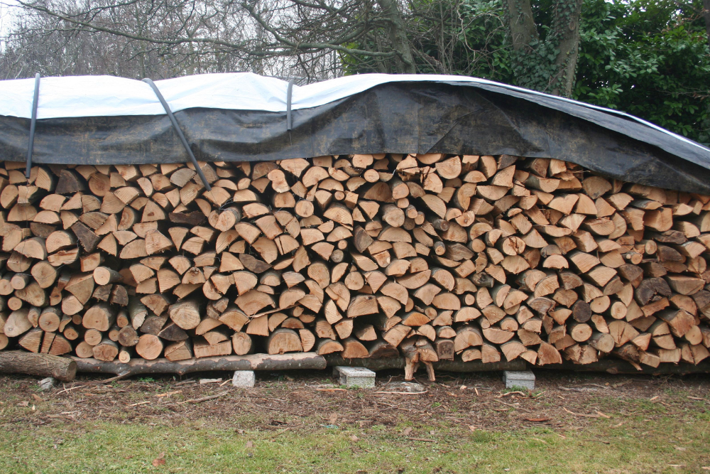 Bois de chauffage empilé et couvert à l'extérieur